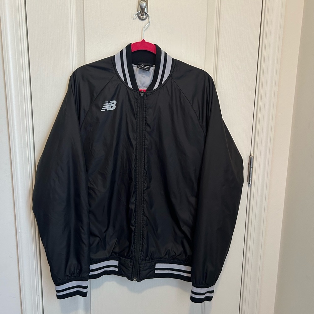 Men’s Black Bomber Jacket Size small New Balance Style White Striped Neck & Hem